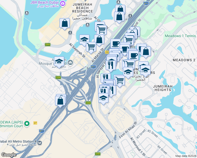 map of restaurants, bars, coffee shops, grocery stores, and more near Al Sarayat Street in Dubai