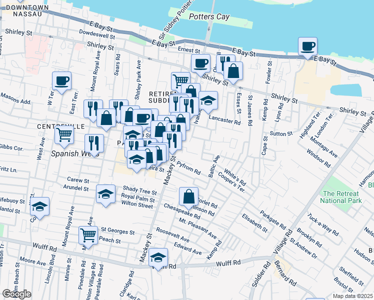 map of restaurants, bars, coffee shops, grocery stores, and more near Claire Road in Nassau