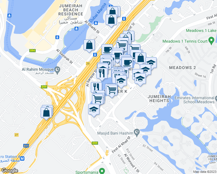 map of restaurants, bars, coffee shops, grocery stores, and more near Cluster K in دبي