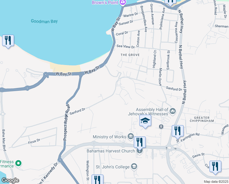 map of restaurants, bars, coffee shops, grocery stores, and more near Sanford Drive in Nassau