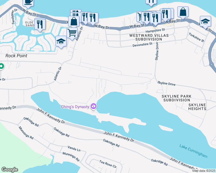 map of restaurants, bars, coffee shops, grocery stores, and more near Oak Hill Road in Nassau