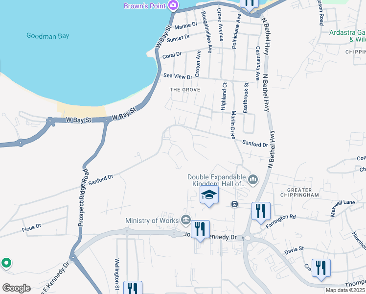 map of restaurants, bars, coffee shops, grocery stores, and more near Sanford Dr in Nassau