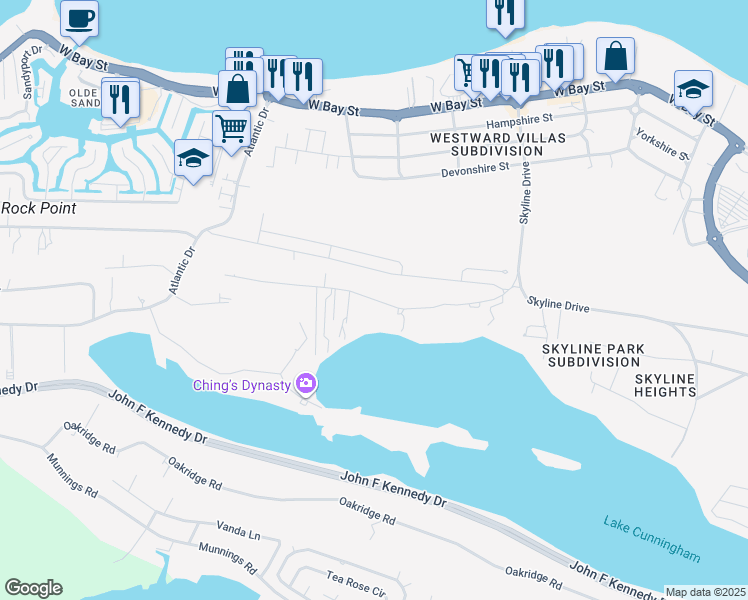 map of restaurants, bars, coffee shops, grocery stores, and more near Oak Hill Road in Nassau