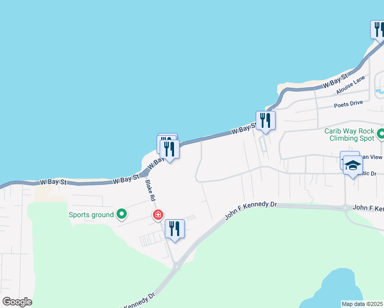 map of restaurants, bars, coffee shops, grocery stores, and more near West Bay Street in Nassau