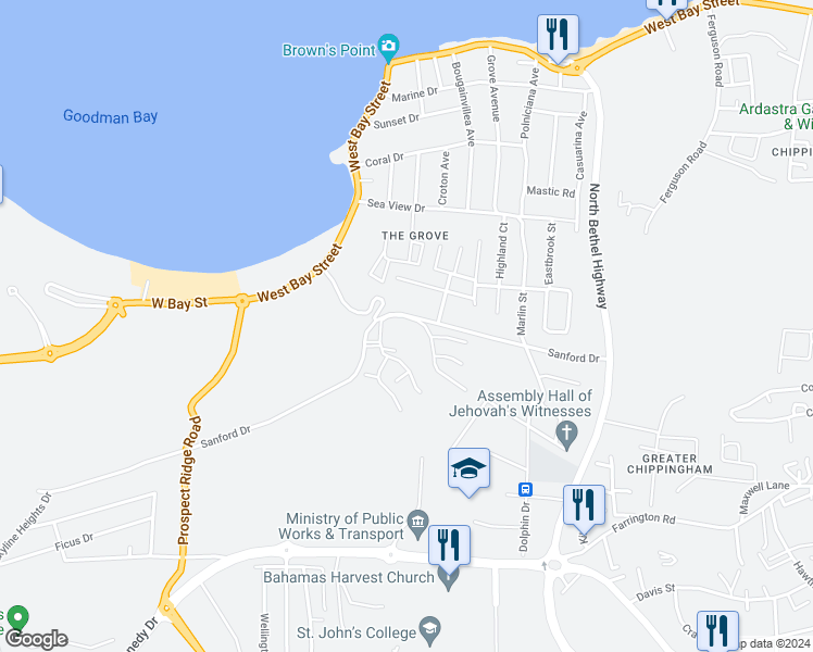 map of restaurants, bars, coffee shops, grocery stores, and more near Sanford Dr in Nassau