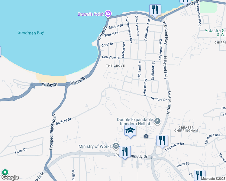map of restaurants, bars, coffee shops, grocery stores, and more near Sanford Drive in Nassau