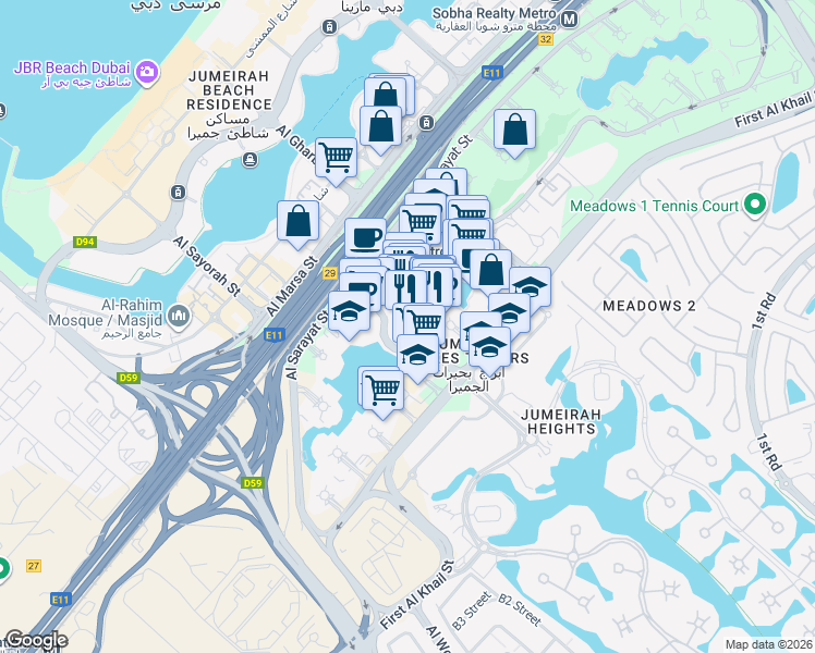 map of restaurants, bars, coffee shops, grocery stores, and more near in Dubai