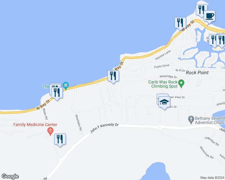 map of restaurants, bars, coffee shops, grocery stores, and more near West Bay Street in Nassau