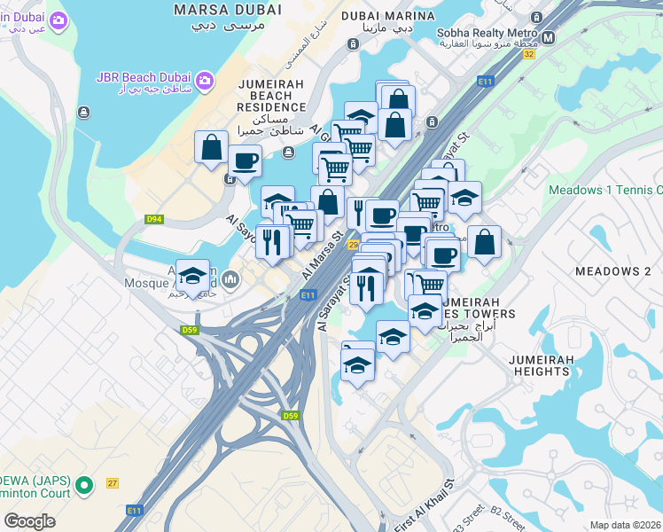 map of restaurants, bars, coffee shops, grocery stores, and more near Sheikh Zayed Road in Dubai
