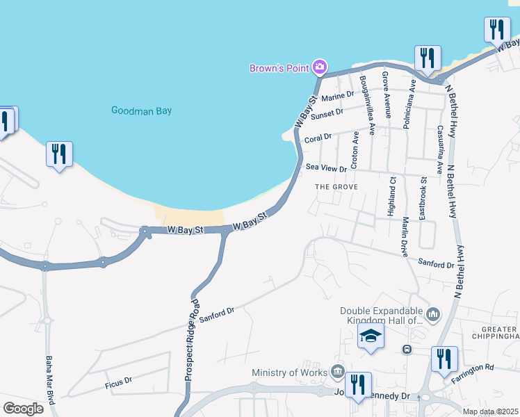 map of restaurants, bars, coffee shops, grocery stores, and more near West Bay Street in Nassau