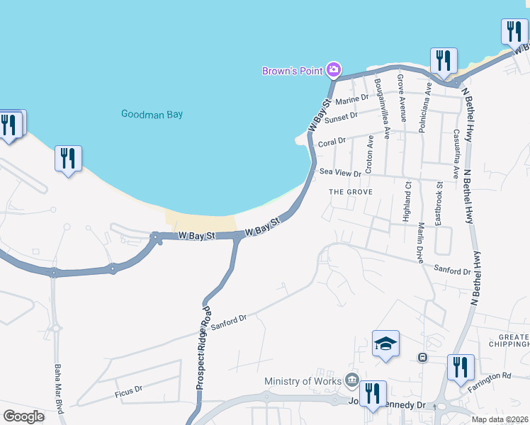 map of restaurants, bars, coffee shops, grocery stores, and more near West Bay Street in Nassau