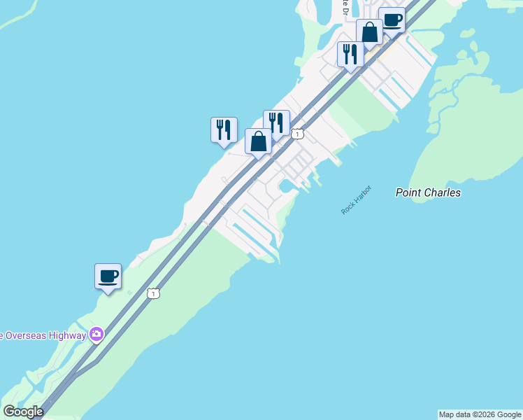 map of restaurants, bars, coffee shops, grocery stores, and more near 97501 Overseas Highway in Key Largo