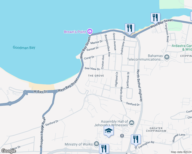 map of restaurants, bars, coffee shops, grocery stores, and more near in Nassau