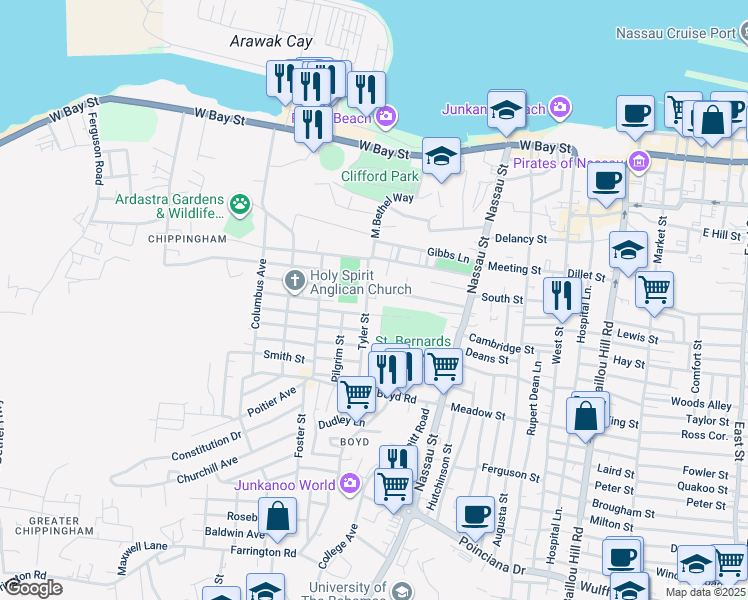 map of restaurants, bars, coffee shops, grocery stores, and more near in Nassau