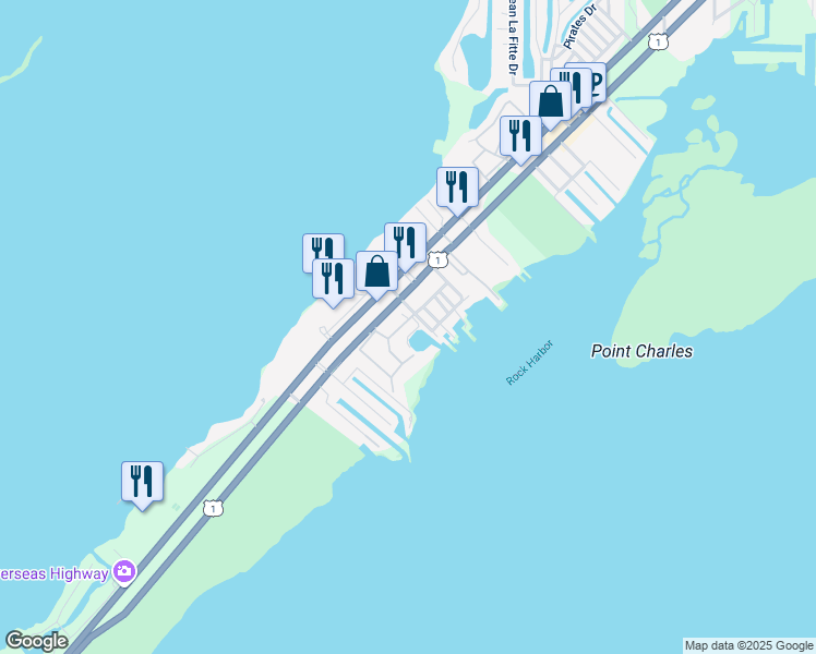 map of restaurants, bars, coffee shops, grocery stores, and more near 97501 Overseas Highway in Key Largo