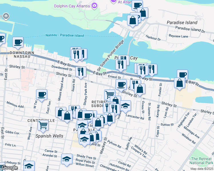 map of restaurants, bars, coffee shops, grocery stores, and more near Shirley Street in Nassau
