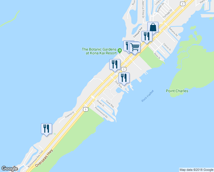 map of restaurants, bars, coffee shops, grocery stores, and more near 10261 Overseas Highway in Key Largo