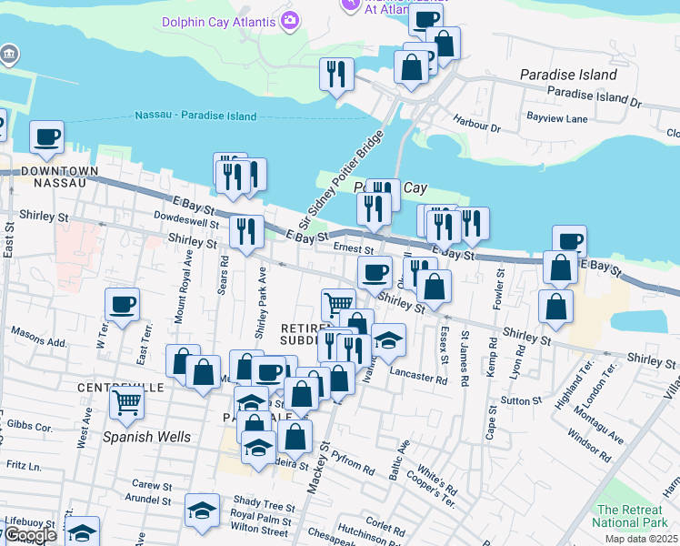 map of restaurants, bars, coffee shops, grocery stores, and more near Shirley Street in Nassau
