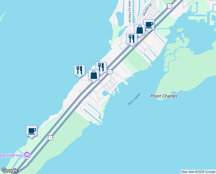 map of restaurants, bars, coffee shops, grocery stores, and more near 97501 Overseas Highway in Key Largo