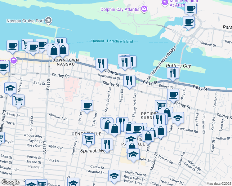map of restaurants, bars, coffee shops, grocery stores, and more near 7 Mount Royal Avenue in Nassau