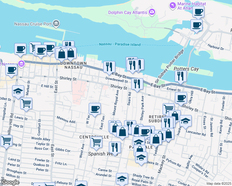 map of restaurants, bars, coffee shops, grocery stores, and more near 7 Mount Royal Avenue in Nassau