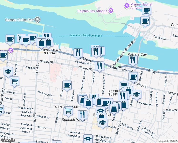 map of restaurants, bars, coffee shops, grocery stores, and more near 7 Mount Royal Avenue in Nassau