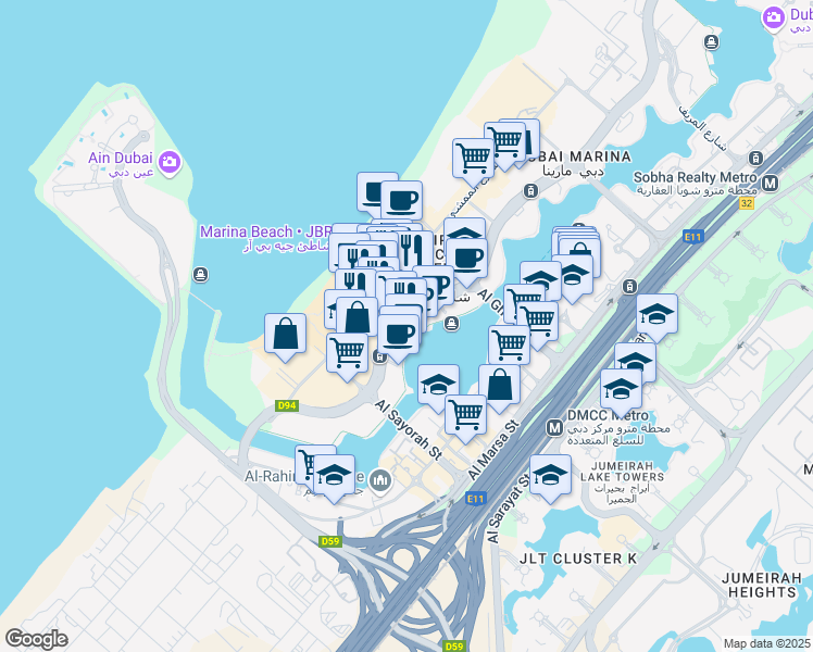 map of restaurants, bars, coffee shops, grocery stores, and more near 8 Jumeirah Beach Road in Dubai
