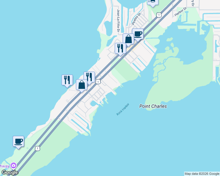 map of restaurants, bars, coffee shops, grocery stores, and more near 97901 Overseas Highway in Key Largo