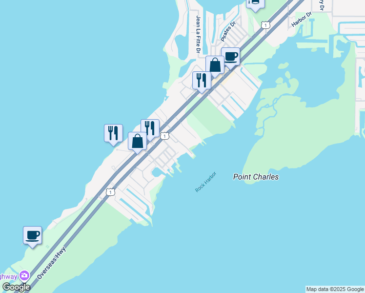 map of restaurants, bars, coffee shops, grocery stores, and more near 97801 Overseas Highway in Key Largo