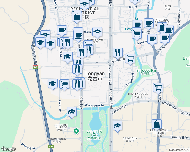 map of restaurants, bars, coffee shops, grocery stores, and more near in Longyan