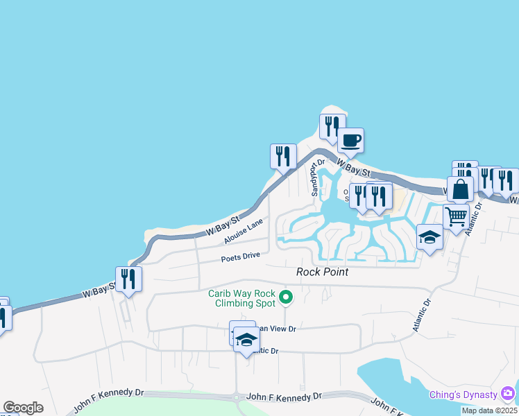 map of restaurants, bars, coffee shops, grocery stores, and more near West Bay Street in Nassau