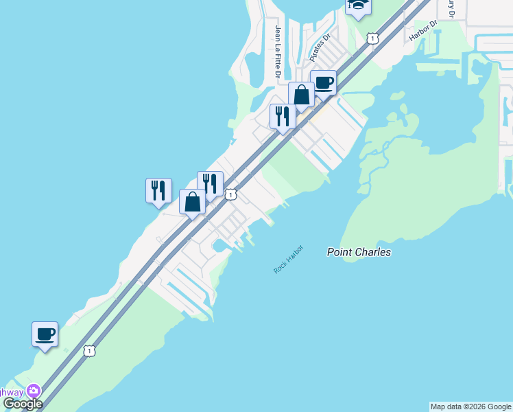 map of restaurants, bars, coffee shops, grocery stores, and more near 97901 Overseas Highway in Key Largo
