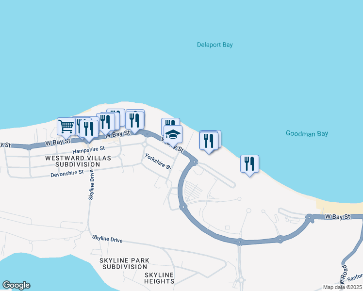 map of restaurants, bars, coffee shops, grocery stores, and more near West Bay Street in Nassau