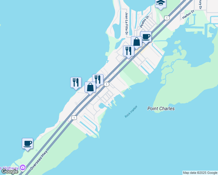 map of restaurants, bars, coffee shops, grocery stores, and more near 97801 Overseas Highway in Key Largo