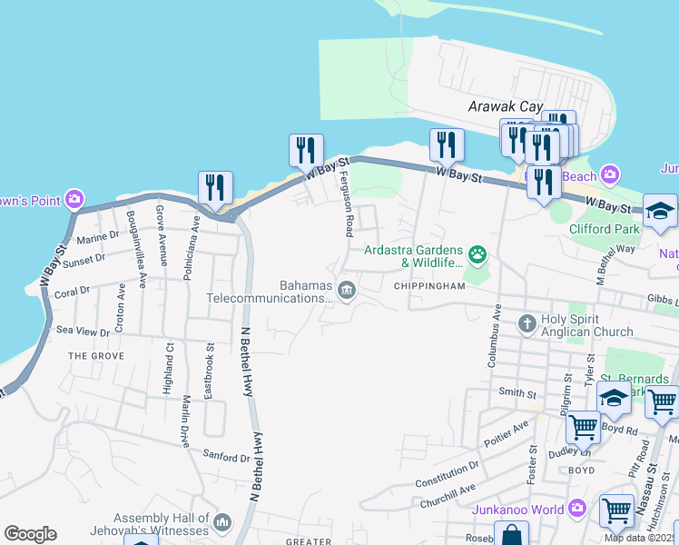 map of restaurants, bars, coffee shops, grocery stores, and more near Ferguson Road in Nassau
