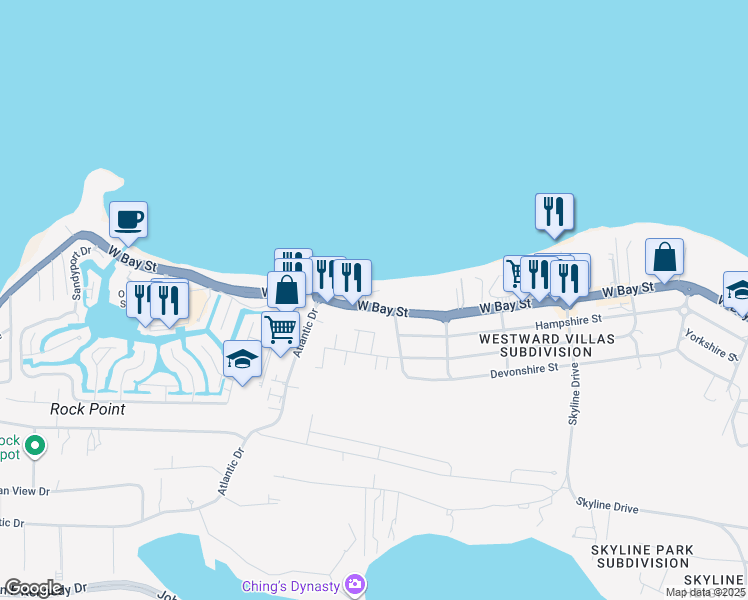 map of restaurants, bars, coffee shops, grocery stores, and more near West Bay Street in Nassau