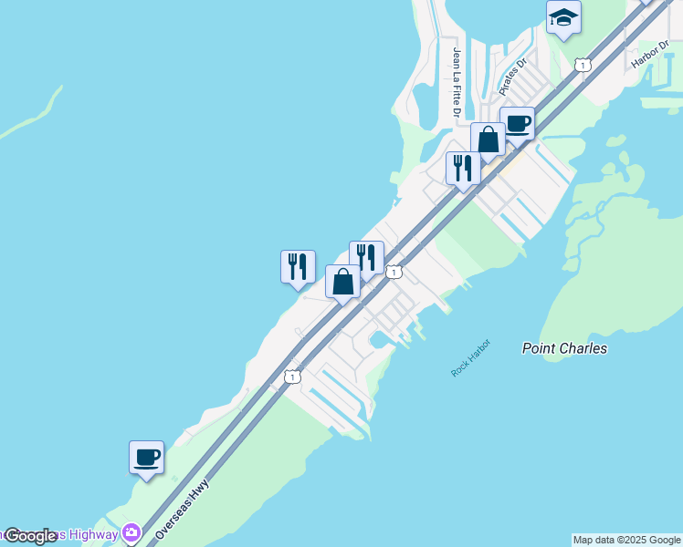 map of restaurants, bars, coffee shops, grocery stores, and more near 97652 Overseas Highway in Key Largo