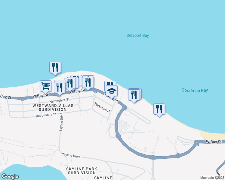map of restaurants, bars, coffee shops, grocery stores, and more near West Bay Street in Nassau