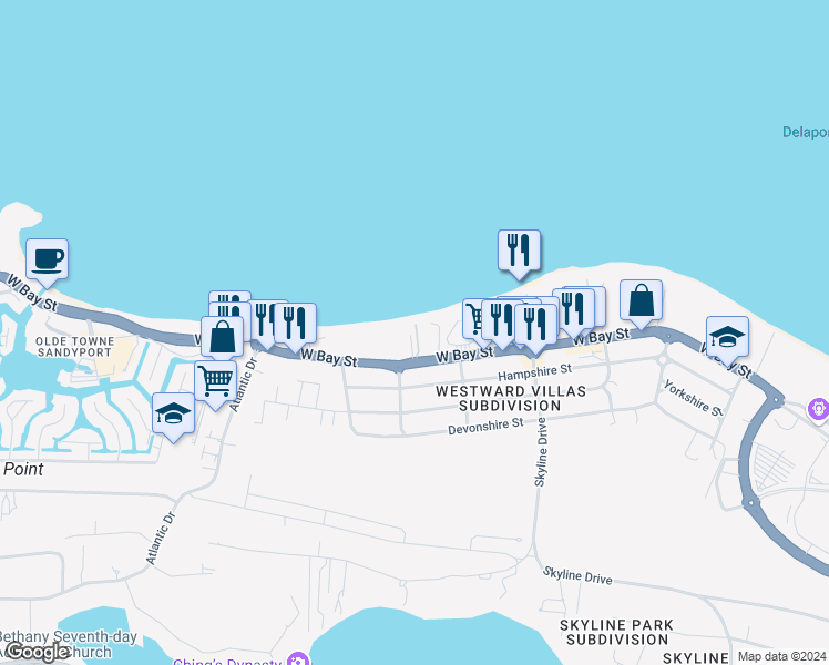 map of restaurants, bars, coffee shops, grocery stores, and more near in Nassau