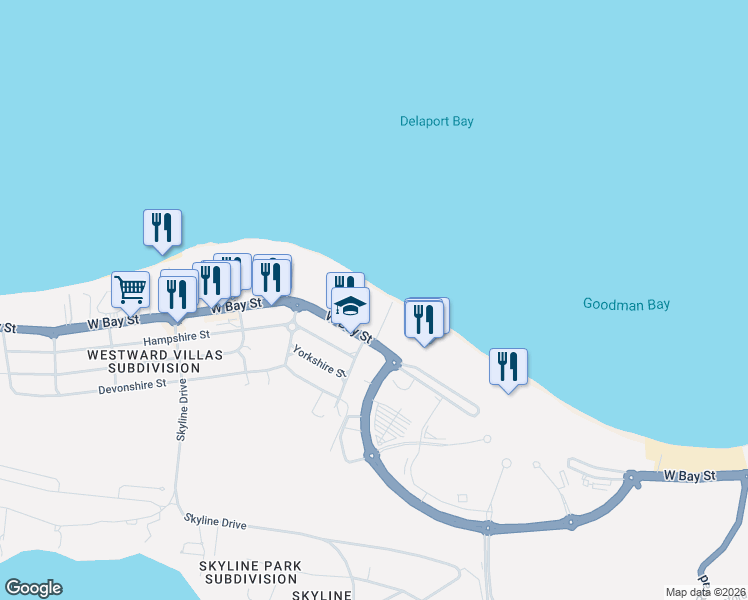 map of restaurants, bars, coffee shops, grocery stores, and more near West Bay Street in Nassau