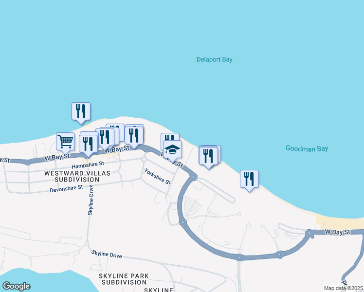 map of restaurants, bars, coffee shops, grocery stores, and more near West Bay Street in Nassau