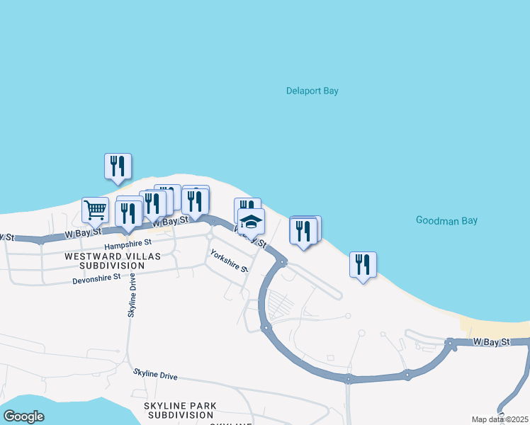 map of restaurants, bars, coffee shops, grocery stores, and more near West Bay Street in Nassau