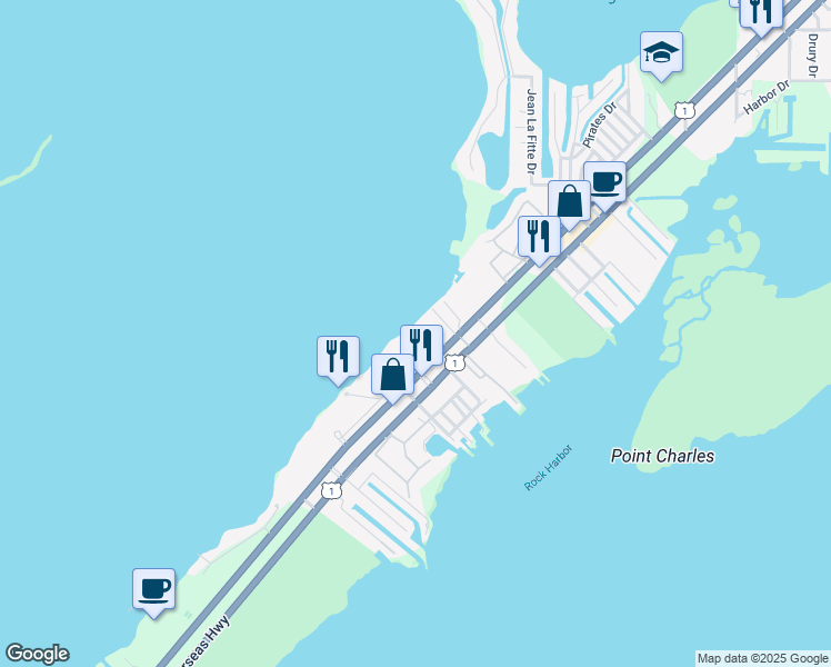 map of restaurants, bars, coffee shops, grocery stores, and more near 97684 Overseas Hwy in Key Largo