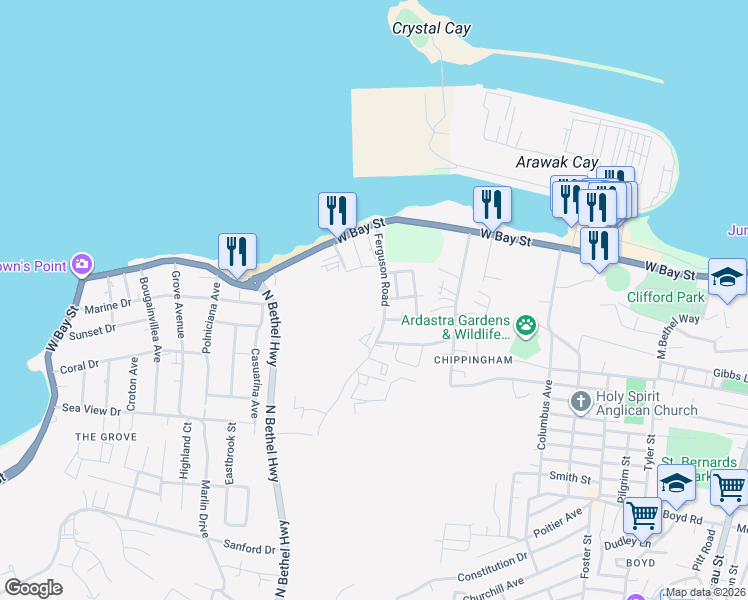 map of restaurants, bars, coffee shops, grocery stores, and more near Ferguson Road in Nassau