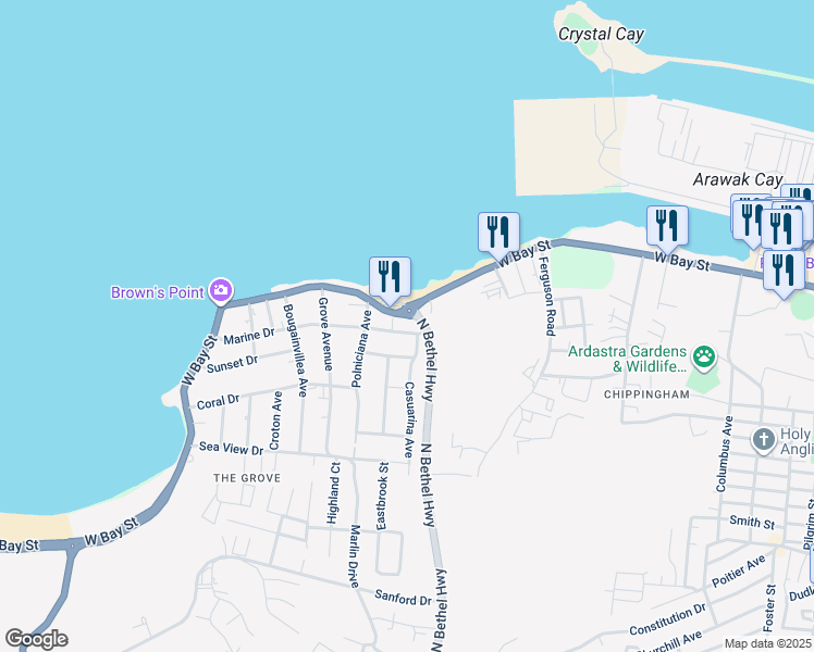 map of restaurants, bars, coffee shops, grocery stores, and more near Marine Dr in Nassau
