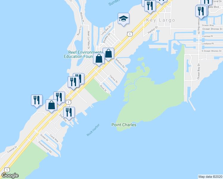 map of restaurants, bars, coffee shops, grocery stores, and more near 1128 Grand Street in Key Largo