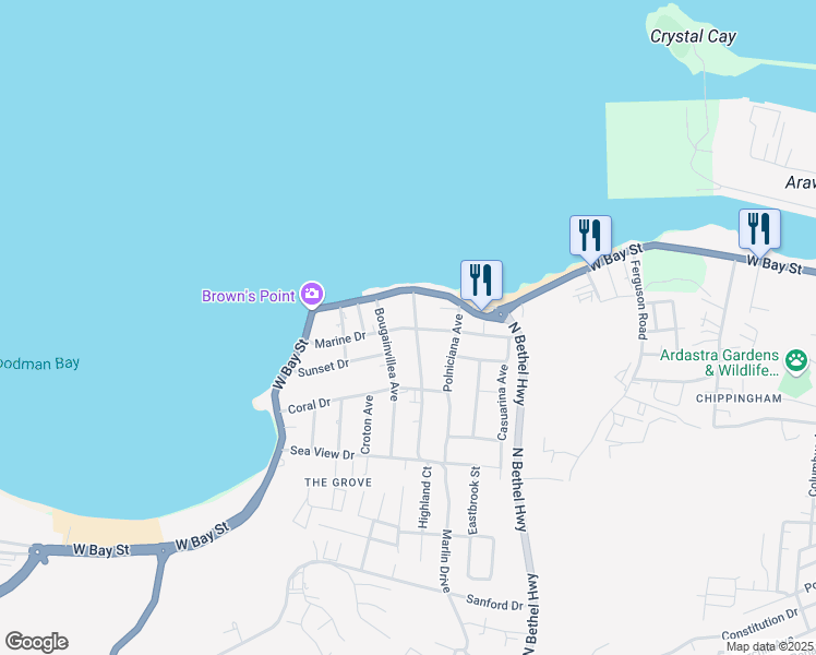 map of restaurants, bars, coffee shops, grocery stores, and more near Marine Dr in Nassau