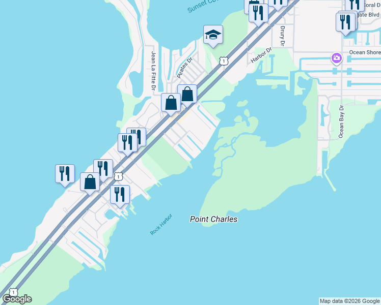 map of restaurants, bars, coffee shops, grocery stores, and more near 1128 Grand Street in Key Largo