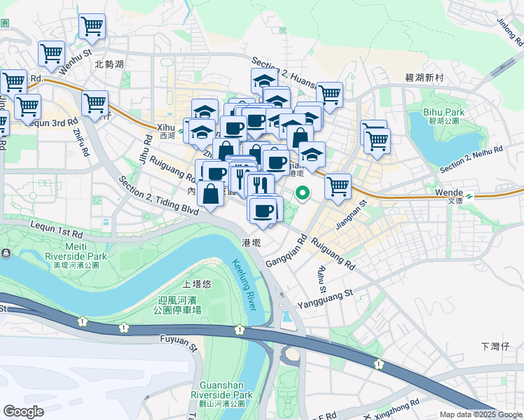 map of restaurants, bars, coffee shops, grocery stores, and more near 399 Ruiguang Road in Neihu District