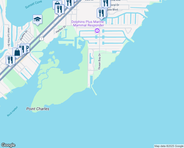 map of restaurants, bars, coffee shops, grocery stores, and more near 1550 Ocean Bay Drive in Key Largo